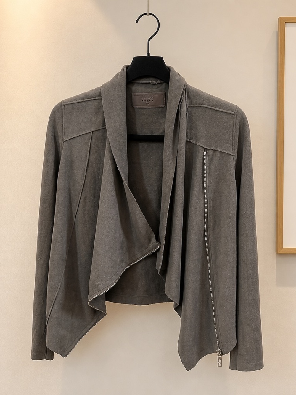 Blank NYC Gray Draped Suede Leather Jacket with Asymmetrical Zip